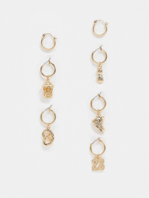 Asos Design 10mm And 12mm Hoop Earrings Pack With Retro Sports Charms In Gold Tone