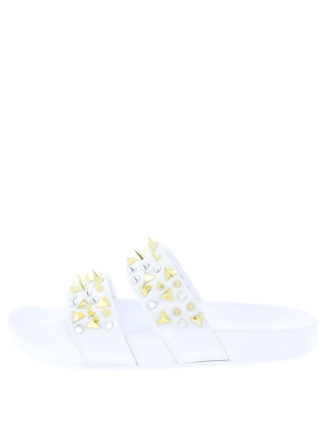 Diane077 White Studded Dual Strap Open Toe Flat Sandal