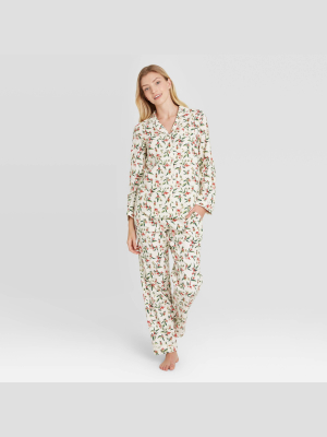 Women's Holly Print Perfectly Cozy Flannel Long Sleeve Notch Collar Top And Pants Pajama Set - Stars Above™ Cream