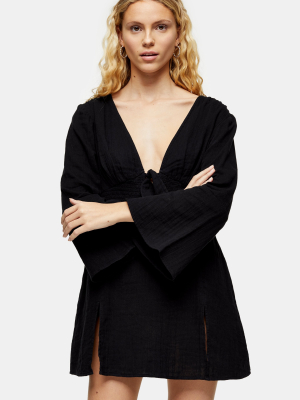 Black Tie Front Kaftan Mini Beach Dress