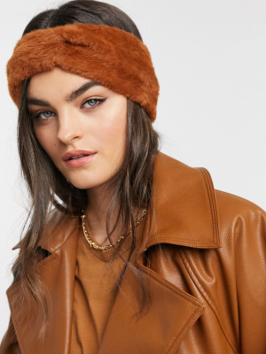 Asos Design Fluffy Headband In Tobacco