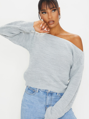 Christiana Grey Mixed Knit Slash Neck Crop Sweater