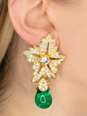 Flower Top Emerald Teardrop Clip Earrings