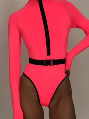 Neon Sleeved Zipper Front High Neck One Piece Swimsuit