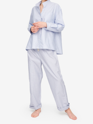 Set - Long Sleeve Shirt And Lounge Pant Blue Oxford Stripe