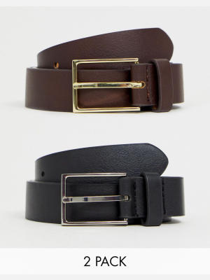 Asos Design 2 Pack Smart Slim Belt In Black And Brown Faux Leather Save