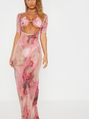 Pink Acid Print Short Sleeve Scoop Mesh Maxi Dress