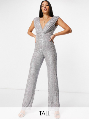 Jaded Rose Tall Exclusive Sequin Wide Leg Plunge Jumpsuit In Iridescent Silver