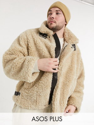 Asos Design Plus Oversized Teddy Aviator Jacket In Stone