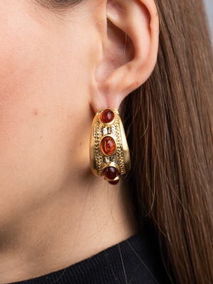 Satin Gold And Tortoise Cabochon Oval Hoop Earrings