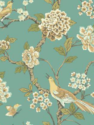 Fanciful Floral Wallpaper In Aqua And Gold By Ashford House For York Wallcoverings