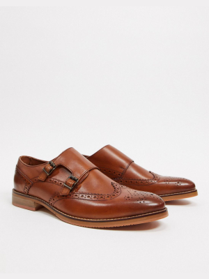 Asos Design Monk Shoes In Tan Leather With Natural Sole