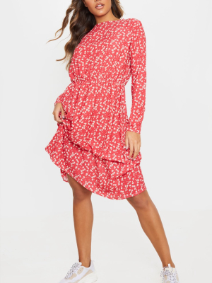 Red Floral Print Crepe Long Sleeve Tiered Midi...