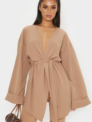 Camel Belted Oversized Sleeve Blazer