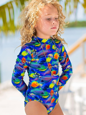 Mini Aurora High Neck Rashguard Bodysuit (kids) - Blue Aquarium Print