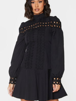 Black Broderie Trim Frill Hem Shift Dress