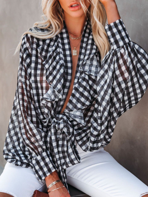 Huntsville Gingham Ruffle Tie Blouse