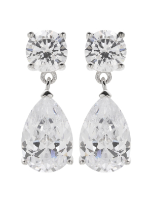 Women's Drop Earrings With Round And Pear Clear Cubic Zirconias In Sterling Silver - Clear (0.8")