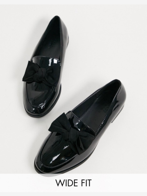 Asos Design Wide Fit Mollie Bow Flat Shoes In Black Patent