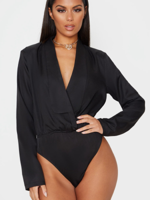 Black Woven Collared Deep Plunge Bodysuit