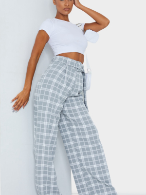 Grey Check Belted Wide Leg Pants