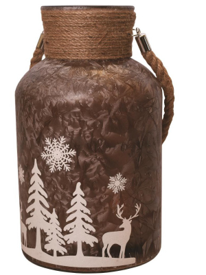 Northlight 12" Iced Winter Scene Christmas Pillar Candle Holder Lantern With Handle - Brown