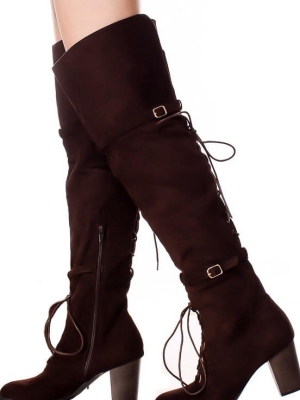 Kendall Brown Dual Lace Up Dual Strap Over The Knee Boot