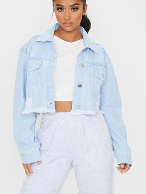 Petite Bleach Raw Hem Cropped Denim Jacket