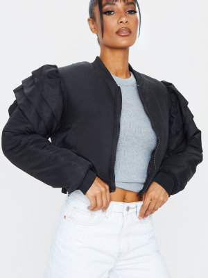 Black Frill Sleeve Nylon Bomber Jacket