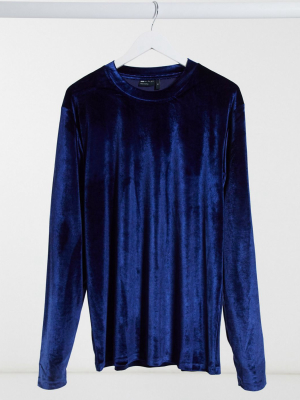 Asos Design Muscle Long Sleeve T-shirt With Stretch In Navy Velour