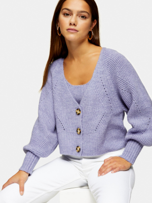 Petite Lilac Balloon Sleeve Knitted Cardigan