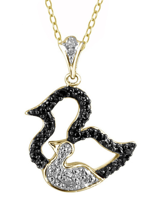 Women's Sterling Silver Accent Round-cut Black And White Diamond Motherly Duck Pendant (18")