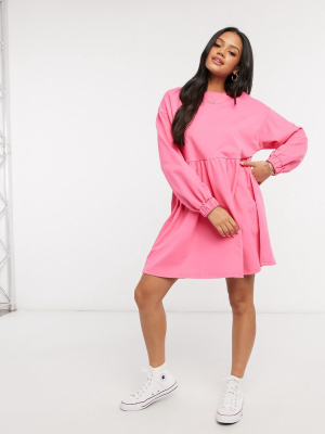 Asos Design Mini Sweat Smock Dress In Bright Pink