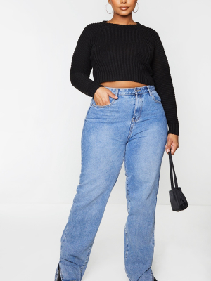 Plus Black Cropped Rib Knit Sweater