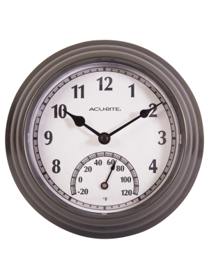 8.5" Outdoor / Indoor Wall Clock With Thermometer - Gunmetal Gray Finish - Acurite