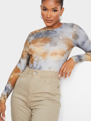 Tan Tie Dye Rib Long Sleeve Bodysuit