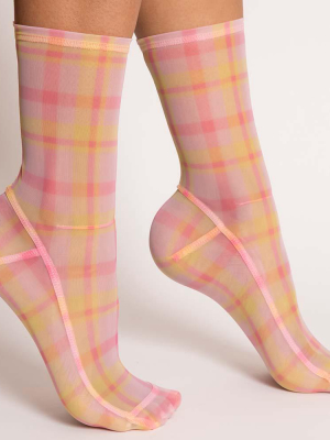 Darner Pink & Yellow Plaid Mesh Socks