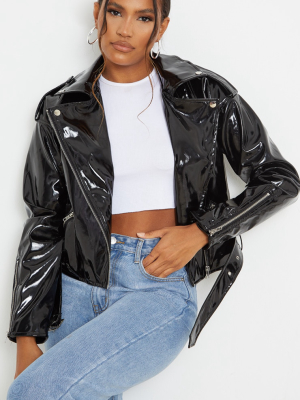 Black Vinyl Zip Up Belted Jacket