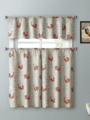 Kate Aurora Living Country Farmhouse Red Rooster Barn 3 Pc. Kitchen Curtain Tier & Valance Set