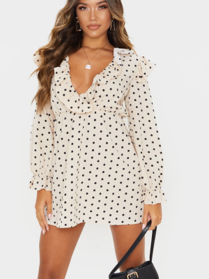 Cream Polka Dot Print Frill Detail V Neck Shift...