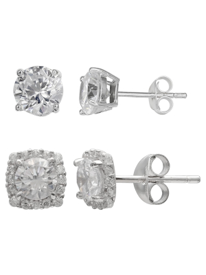 Women's Set Of Stud And Button Earrings With Cubic Zirconia In Sterling Silver - Silver/clear (8mm)