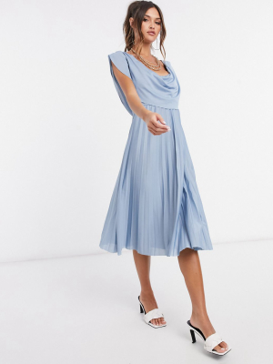 Asos Design Cowl Neck Midi Pleated Dress In Dusky Blue