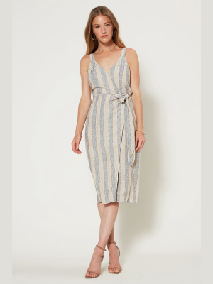 Stripe Linen Midi Wrap Dress