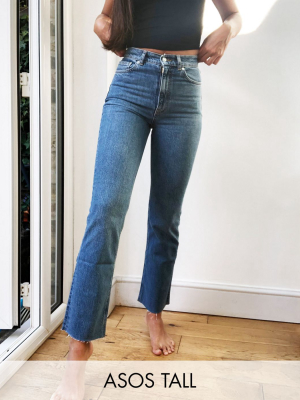 Asos Design Tall High Rise Stretch 'effortless' Crop Kick Flare Jeans In Midwash