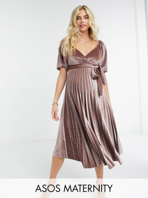 Asos Design Maternity Puff Sleeve Velvet Wrap Pleat Midi Dress In Dusky Pink