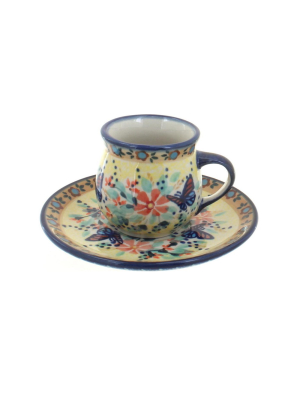 Blue Rose Polish Pottery Blue Butterfly Espresso Cup & Saucer