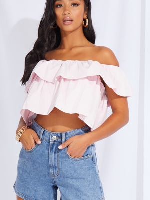 Petite Pink Frill Detail Bardot Blouse