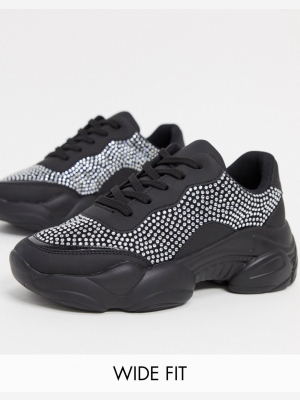 Asos Design Wide Fit Destined Embellished Chunky Sneakers In Black
