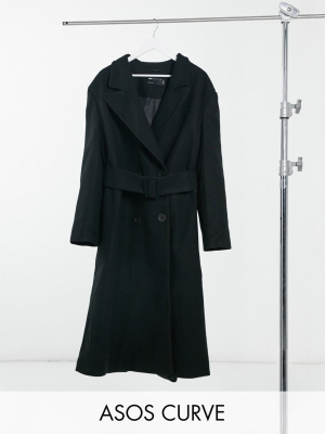 Asos Design Curve Belted Maxi Coat In Black