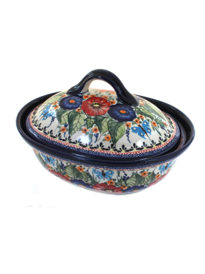 Blue Rose Polish Pottery Floral Butterfly Small Oval Baker With Lid